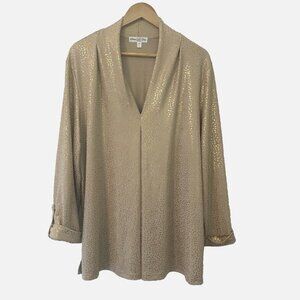 Women's 2X Beige Gold Metallic Soft Stretch PLUS V-Neck Career Casual Blouse Top
